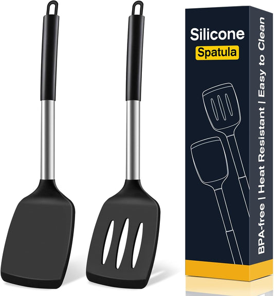 2 Pack Silicone Spatula Set, Solid & Slotted Turner for Non-Stick Pans, High Heat Resistant Silicone Spatula for Cooking, BPA-Free Stainless Steel Cooking Utensils for Fish, Eggs, Pancakes, Black