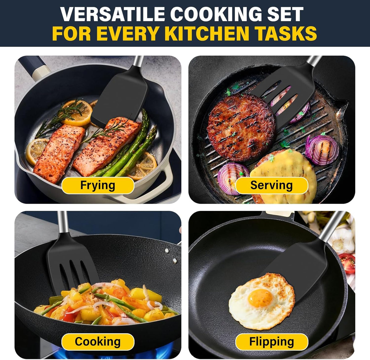 2 Pack Silicone Spatula Set, Solid & Slotted Turner for Non-Stick Pans, High Heat Resistant Silicone Spatula for Cooking, BPA-Free Stainless Steel Cooking Utensils for Fish, Eggs, Pancakes, Black
