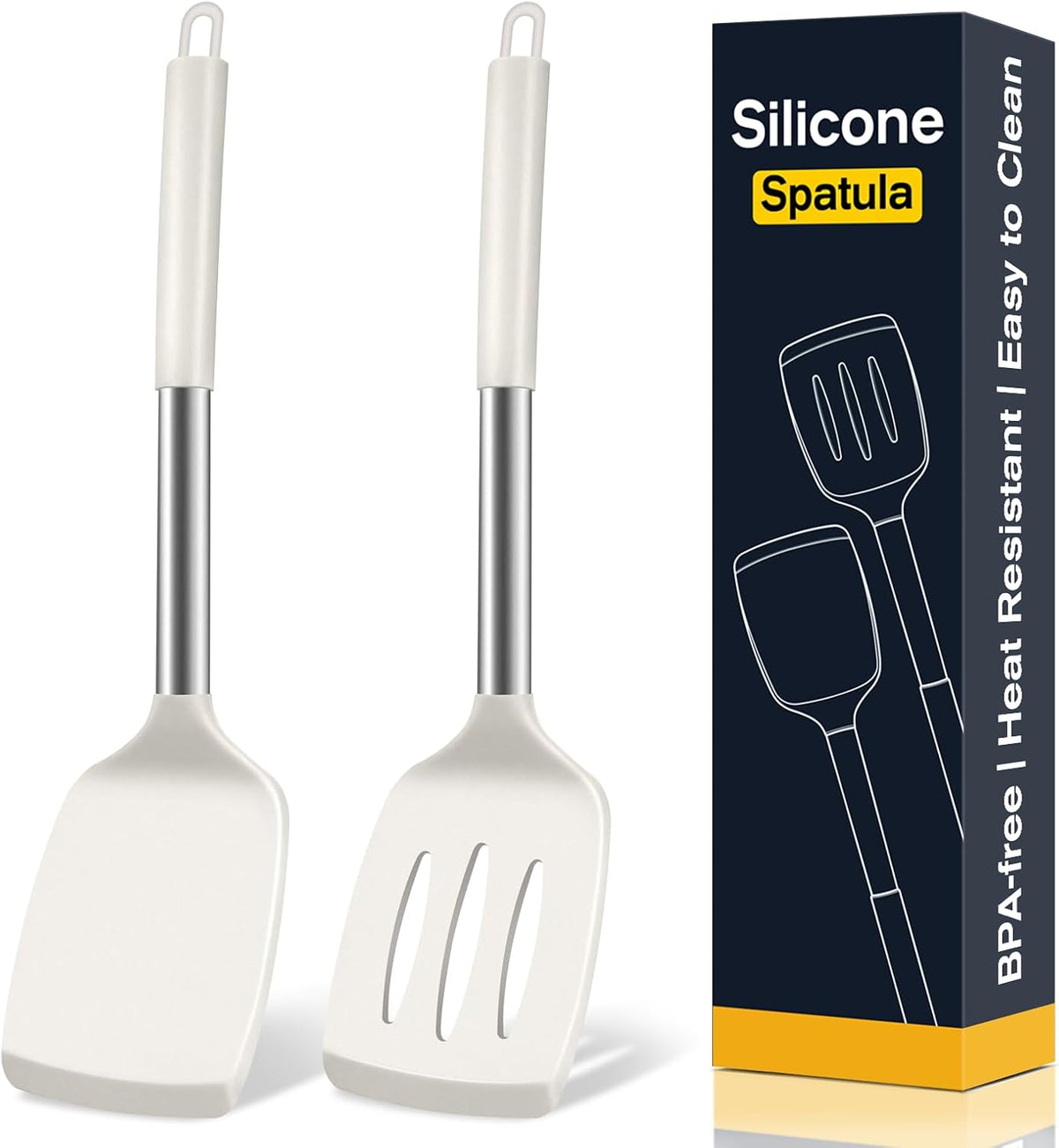 2 Pack Silicone Spatula Set, Solid & Slotted Turner for Non-Stick Pans, High Heat Resistant Silicone Spatula for Cooking, BPA-Free Stainless Steel Cooking Utensils for Fish, Eggs, Pancakes, Black