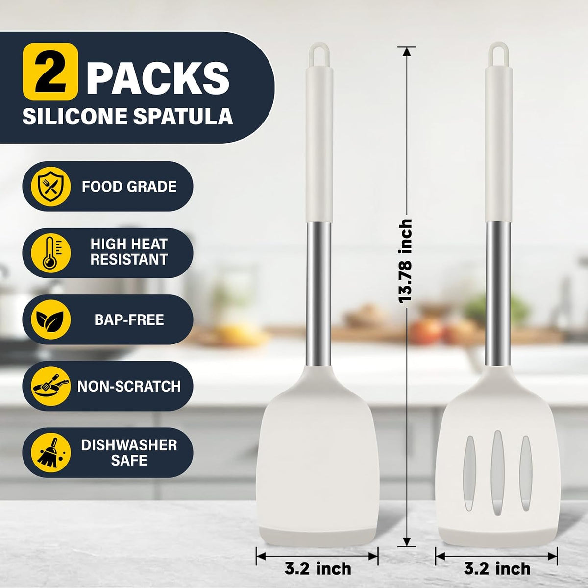 2 Pack Silicone Spatula Set, Solid & Slotted Turner for Non-Stick Pans, High Heat Resistant Silicone Spatula for Cooking, BPA-Free Stainless Steel Cooking Utensils for Fish, Eggs, Pancakes, Black