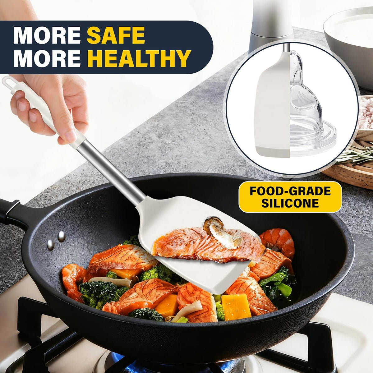 2 Pack Silicone Spatula Set, Solid & Slotted Turner for Non-Stick Pans, High Heat Resistant Silicone Spatula for Cooking, BPA-Free Stainless Steel Cooking Utensils for Fish, Eggs, Pancakes, Black