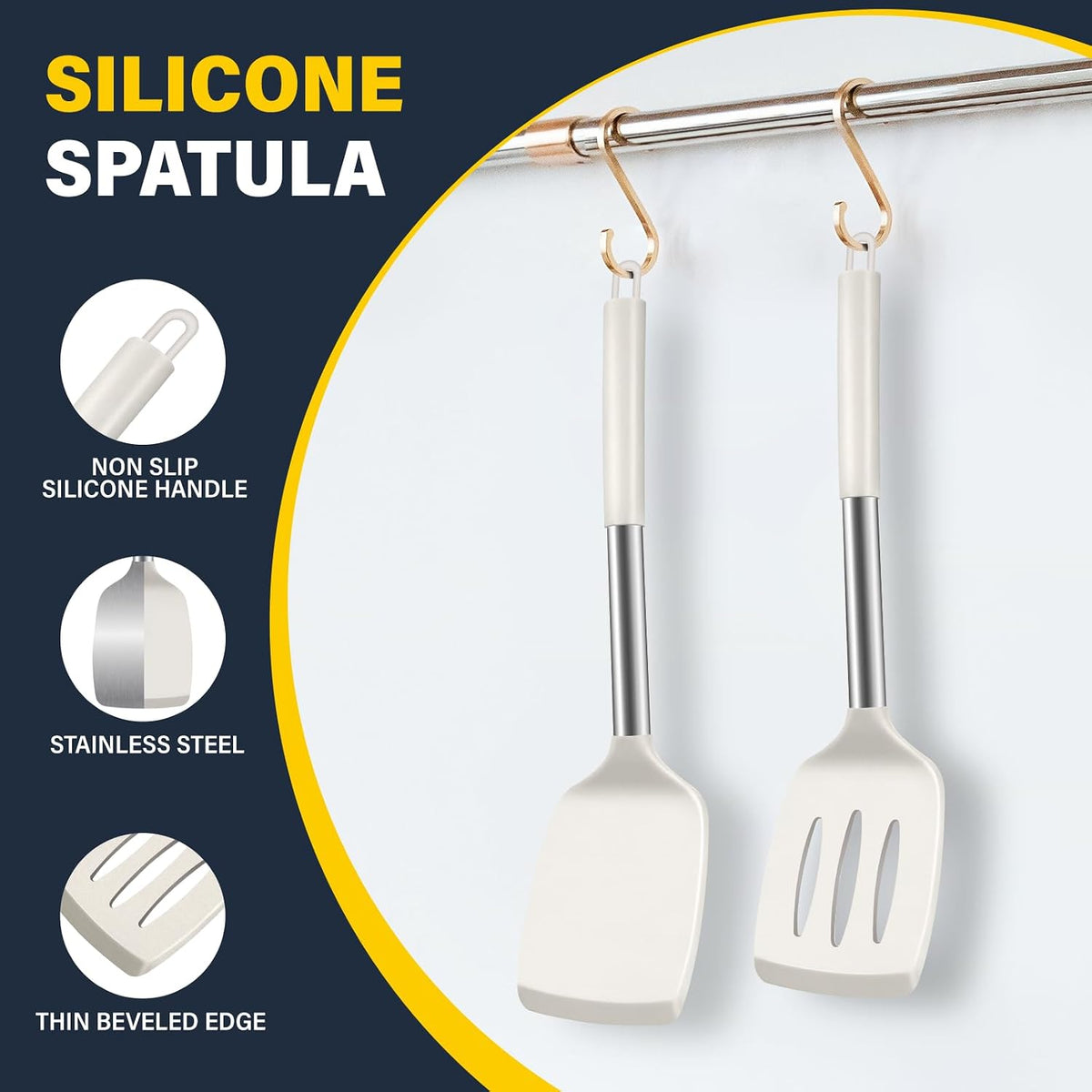 2 Pack Silicone Spatula Set, Solid & Slotted Turner for Non-Stick Pans, High Heat Resistant Silicone Spatula for Cooking, BPA-Free Stainless Steel Cooking Utensils for Fish, Eggs, Pancakes, Black