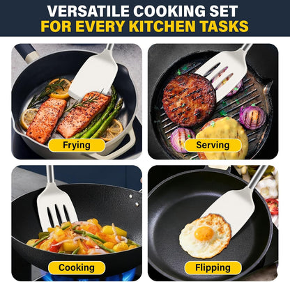 2 Pack Silicone Spatula Set, Solid & Slotted Turner for Non-Stick Pans, High Heat Resistant Silicone Spatula for Cooking, BPA-Free Stainless Steel Cooking Utensils for Fish, Eggs, Pancakes, Black