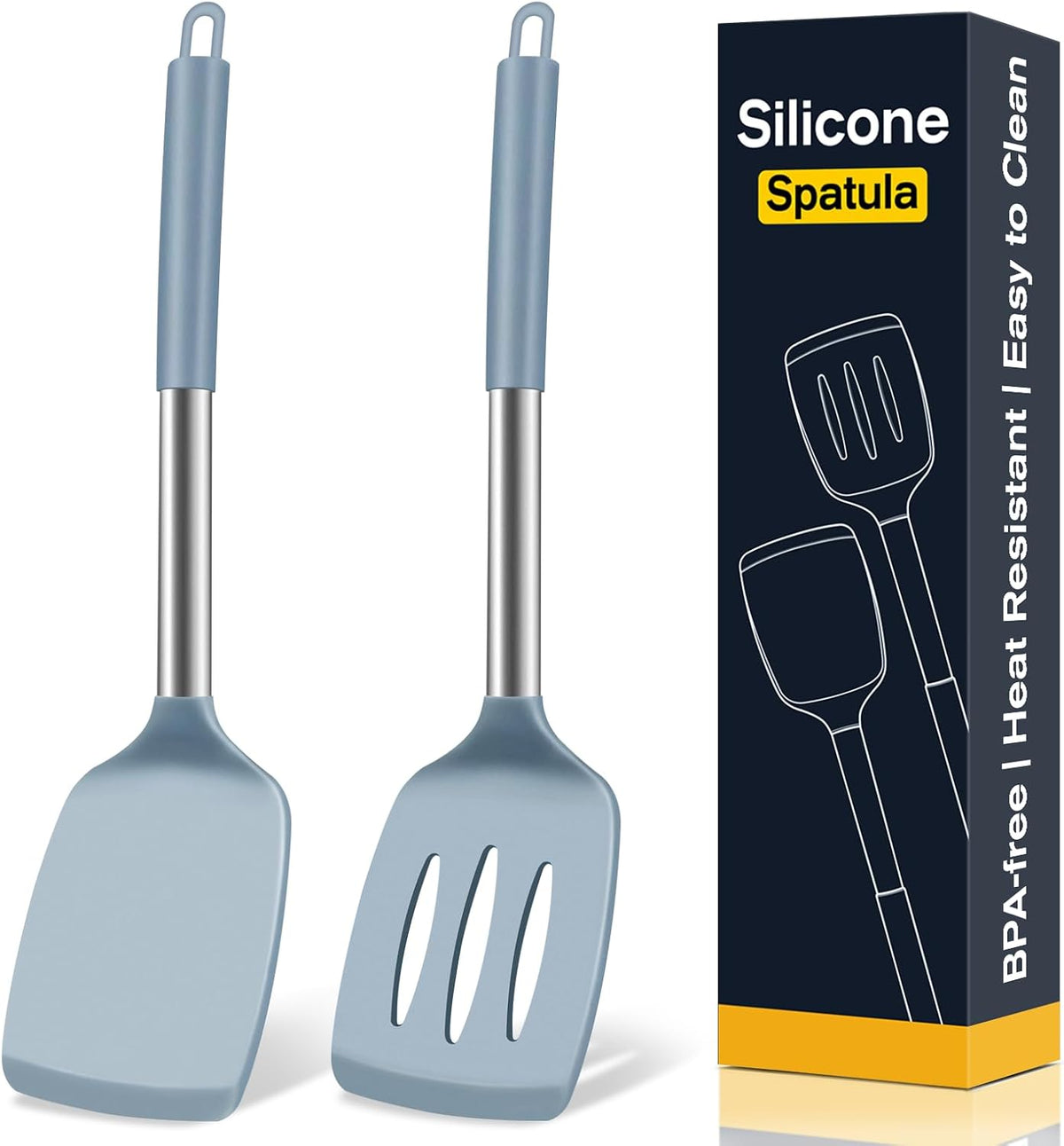 2 Pack Silicone Spatula Set, Solid & Slotted Turner for Non-Stick Pans, High Heat Resistant Silicone Spatula for Cooking, BPA-Free Stainless Steel Cooking Utensils for Fish, Eggs, Pancakes, Black