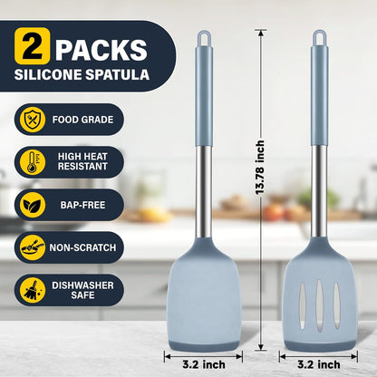 2 Pack Silicone Spatula Set, Solid & Slotted Turner for Non-Stick Pans, High Heat Resistant Silicone Spatula for Cooking, BPA-Free Stainless Steel Cooking Utensils for Fish, Eggs, Pancakes, Black