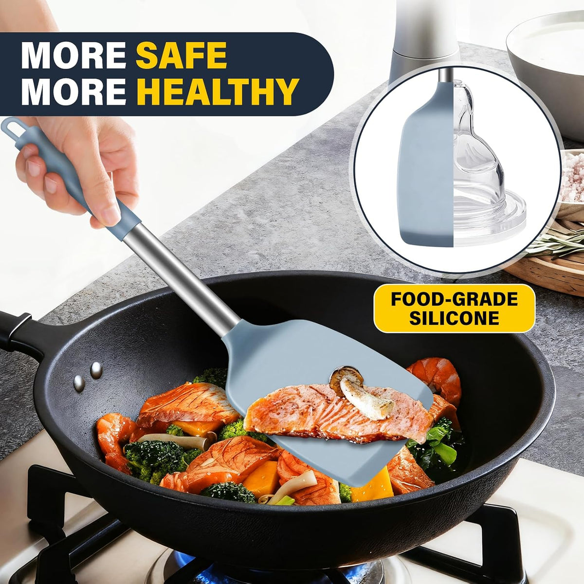 2 Pack Silicone Spatula Set, Solid & Slotted Turner for Non-Stick Pans, High Heat Resistant Silicone Spatula for Cooking, BPA-Free Stainless Steel Cooking Utensils for Fish, Eggs, Pancakes, Black