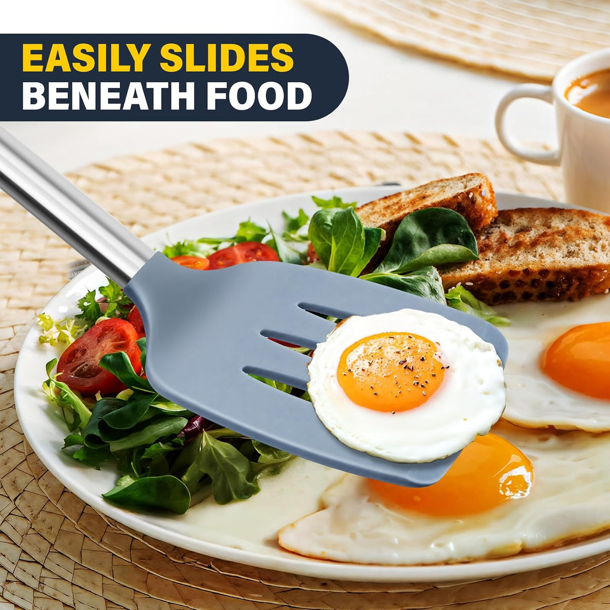 2 Pack Silicone Spatula Set, Solid & Slotted Turner for Non-Stick Pans, High Heat Resistant Silicone Spatula for Cooking, BPA-Free Stainless Steel Cooking Utensils for Fish, Eggs, Pancakes, Black