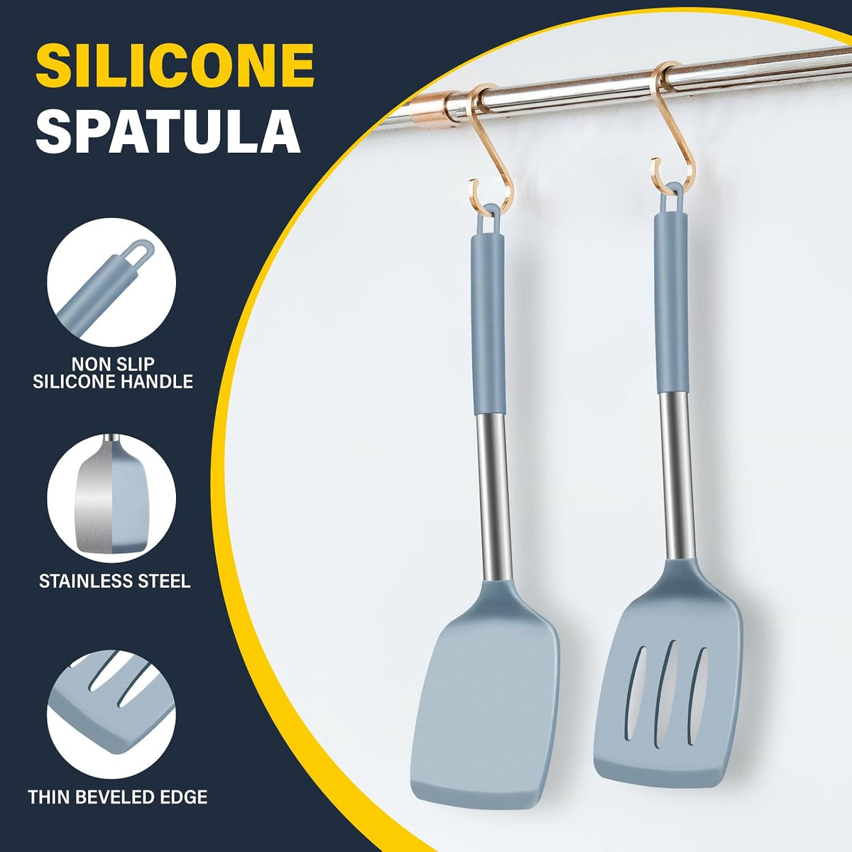 2 Pack Silicone Spatula Set, Solid & Slotted Turner for Non-Stick Pans, High Heat Resistant Silicone Spatula for Cooking, BPA-Free Stainless Steel Cooking Utensils for Fish, Eggs, Pancakes, Black