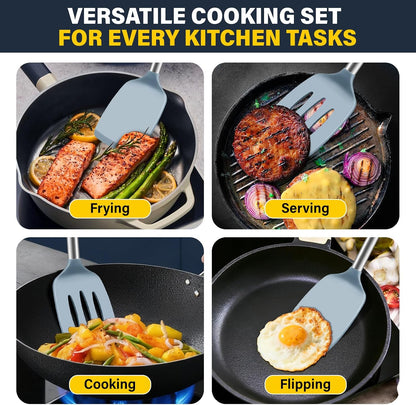 2 Pack Silicone Spatula Set, Solid & Slotted Turner for Non-Stick Pans, High Heat Resistant Silicone Spatula for Cooking, BPA-Free Stainless Steel Cooking Utensils for Fish, Eggs, Pancakes, Black