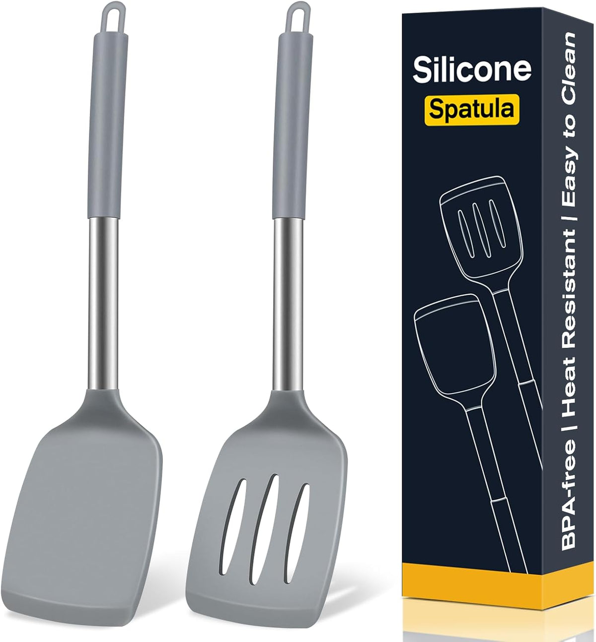 2 Pack Silicone Spatula Set, Solid & Slotted Turner for Non-Stick Pans, High Heat Resistant Silicone Spatula for Cooking, BPA-Free Stainless Steel Cooking Utensils for Fish, Eggs, Pancakes, Black