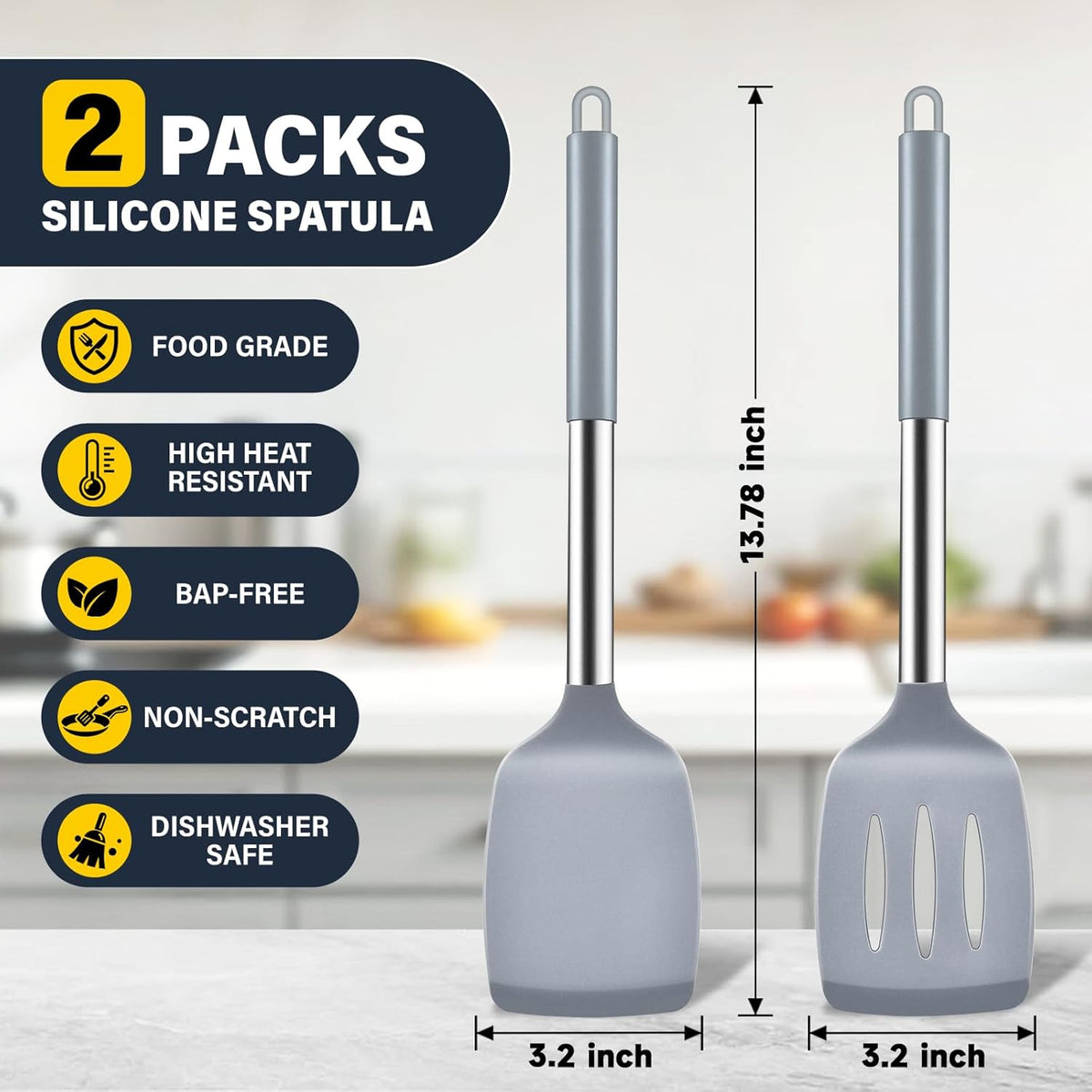 2 Pack Silicone Spatula Set, Solid & Slotted Turner for Non-Stick Pans, High Heat Resistant Silicone Spatula for Cooking, BPA-Free Stainless Steel Cooking Utensils for Fish, Eggs, Pancakes, Black