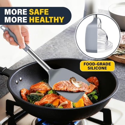 2 Pack Silicone Spatula Set, Solid & Slotted Turner for Non-Stick Pans, High Heat Resistant Silicone Spatula for Cooking, BPA-Free Stainless Steel Cooking Utensils for Fish, Eggs, Pancakes, Black