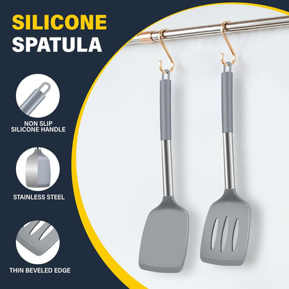 2 Pack Silicone Spatula Set, Solid & Slotted Turner for Non-Stick Pans, High Heat Resistant Silicone Spatula for Cooking, BPA-Free Stainless Steel Cooking Utensils for Fish, Eggs, Pancakes, Black