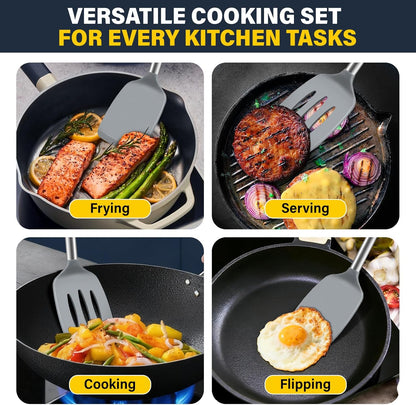 2 Pack Silicone Spatula Set, Solid & Slotted Turner for Non-Stick Pans, High Heat Resistant Silicone Spatula for Cooking, BPA-Free Stainless Steel Cooking Utensils for Fish, Eggs, Pancakes, Black
