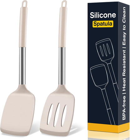 2 Pack Silicone Spatula Set, Solid & Slotted Turner for Non-Stick Pans, High Heat Resistant Silicone Spatula for Cooking, BPA-Free Stainless Steel Cooking Utensils for Fish, Eggs, Pancakes, Black