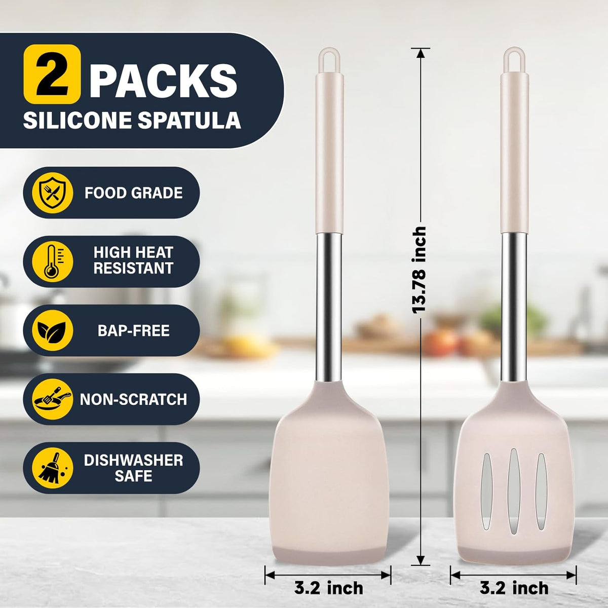 2 Pack Silicone Spatula Set, Solid & Slotted Turner for Non-Stick Pans, High Heat Resistant Silicone Spatula for Cooking, BPA-Free Stainless Steel Cooking Utensils for Fish, Eggs, Pancakes, Black
