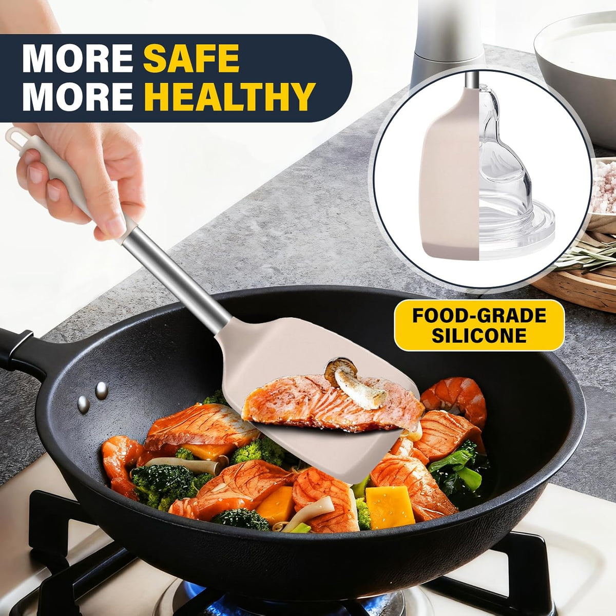 2 Pack Silicone Spatula Set, Solid & Slotted Turner for Non-Stick Pans, High Heat Resistant Silicone Spatula for Cooking, BPA-Free Stainless Steel Cooking Utensils for Fish, Eggs, Pancakes, Black