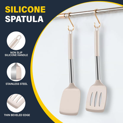 2 Pack Silicone Spatula Set, Solid & Slotted Turner for Non-Stick Pans, High Heat Resistant Silicone Spatula for Cooking, BPA-Free Stainless Steel Cooking Utensils for Fish, Eggs, Pancakes, Black