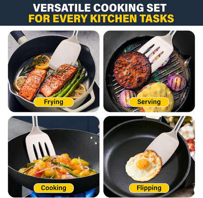2 Pack Silicone Spatula Set, Solid & Slotted Turner for Non-Stick Pans, High Heat Resistant Silicone Spatula for Cooking, BPA-Free Stainless Steel Cooking Utensils for Fish, Eggs, Pancakes, Black