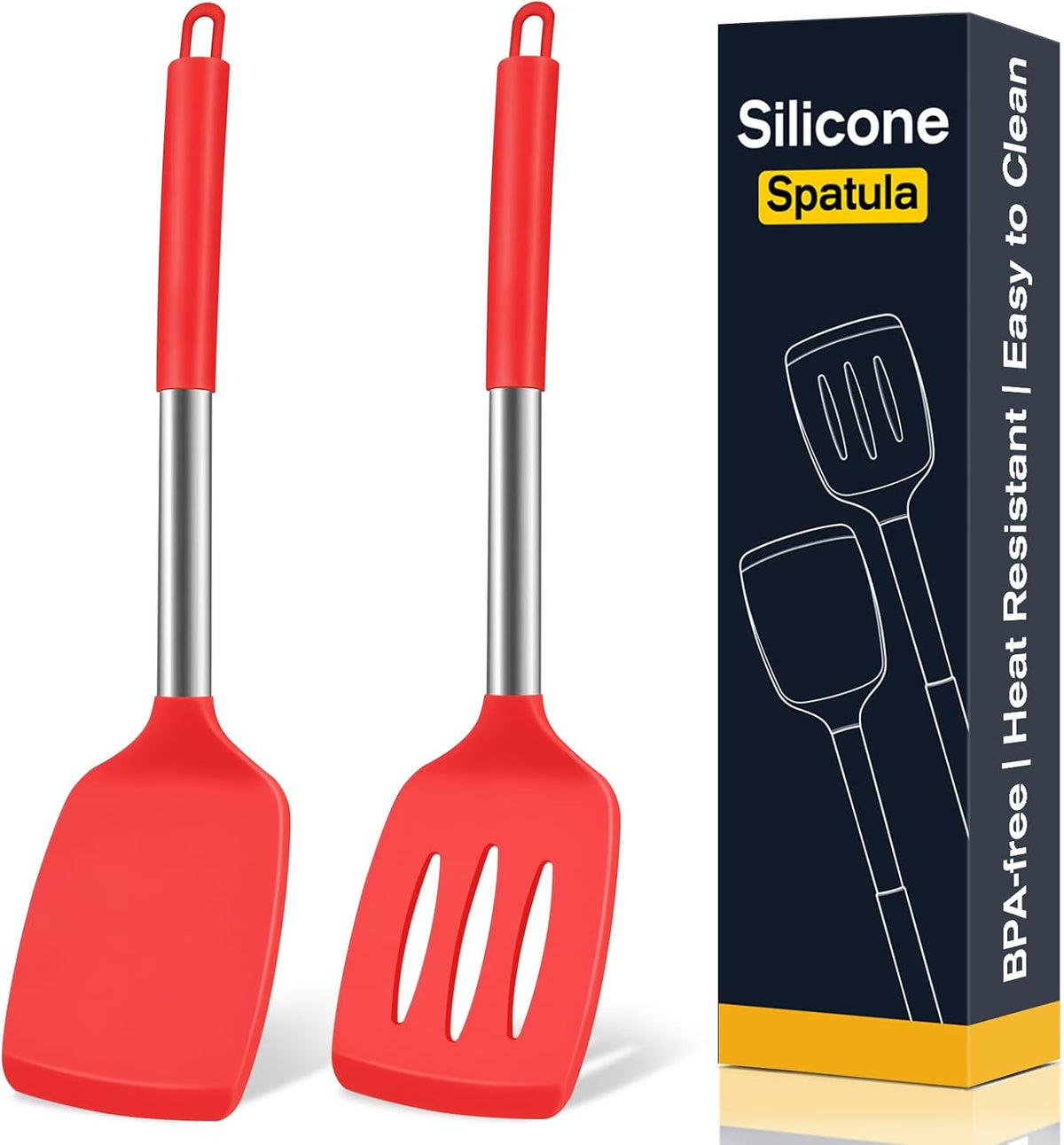 2 Pack Silicone Spatula Set, Solid & Slotted Turner for Non-Stick Pans, High Heat Resistant Silicone Spatula for Cooking, BPA-Free Stainless Steel Cooking Utensils for Fish, Eggs, Pancakes, Black