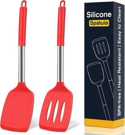 2 Pack Silicone Spatula Set, Solid & Slotted Turner for Non-Stick Pans, High Heat Resistant Silicone Spatula for Cooking, BPA-Free Stainless Steel Cooking Utensils for Fish, Eggs, Pancakes, Black