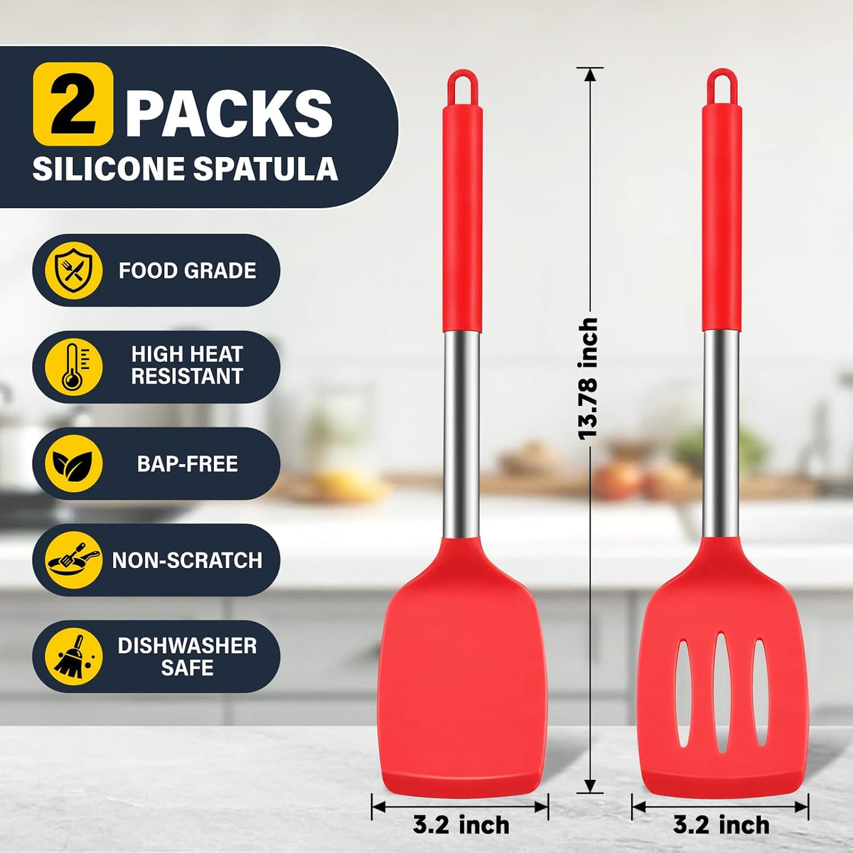 2 Pack Silicone Spatula Set, Solid & Slotted Turner for Non-Stick Pans, High Heat Resistant Silicone Spatula for Cooking, BPA-Free Stainless Steel Cooking Utensils for Fish, Eggs, Pancakes, Black