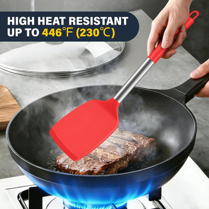 2 Pack Silicone Spatula Set, Solid & Slotted Turner for Non-Stick Pans, High Heat Resistant Silicone Spatula for Cooking, BPA-Free Stainless Steel Cooking Utensils for Fish, Eggs, Pancakes, Black