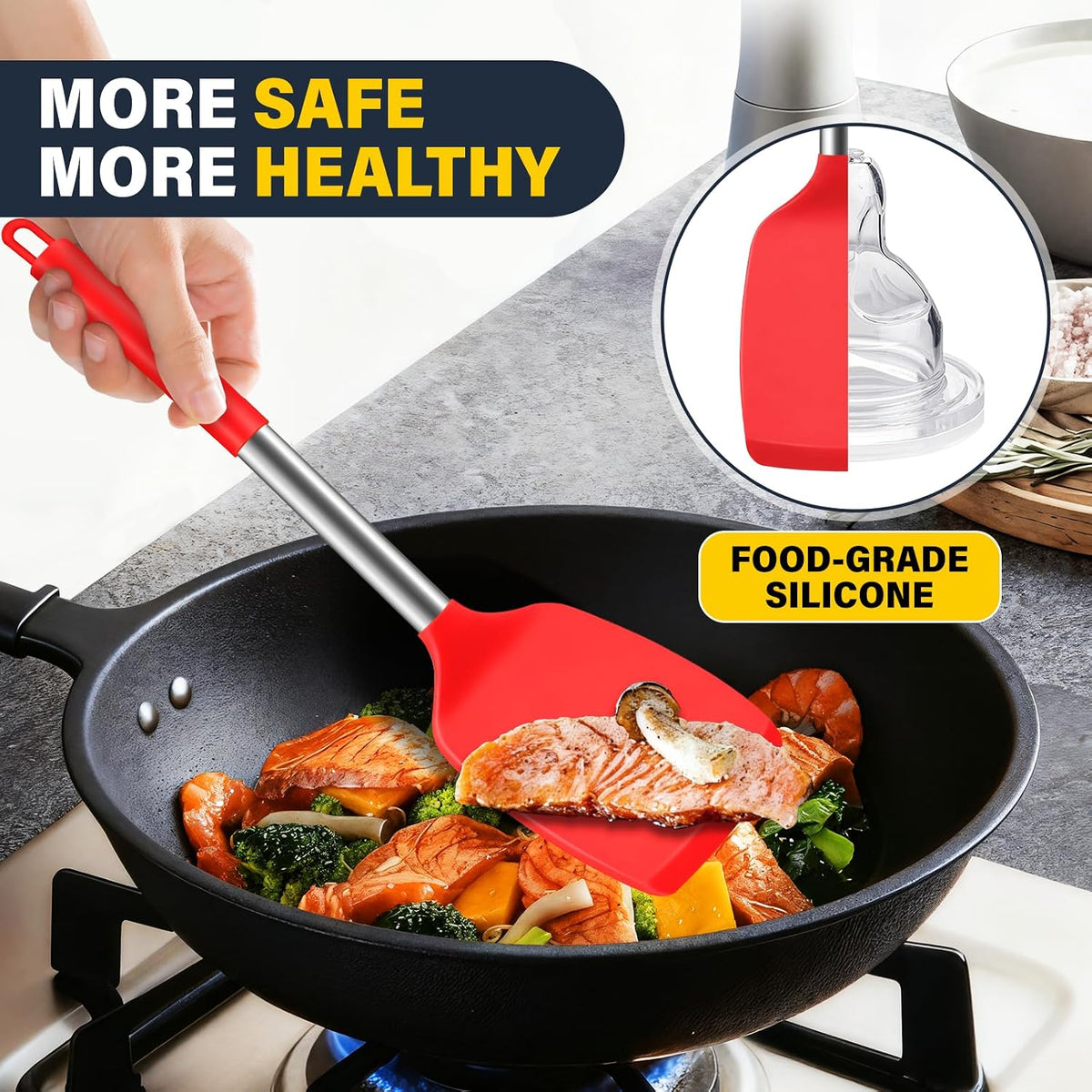 2 Pack Silicone Spatula Set, Solid & Slotted Turner for Non-Stick Pans, High Heat Resistant Silicone Spatula for Cooking, BPA-Free Stainless Steel Cooking Utensils for Fish, Eggs, Pancakes, Black
