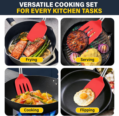 2 Pack Silicone Spatula Set, Solid & Slotted Turner for Non-Stick Pans, High Heat Resistant Silicone Spatula for Cooking, BPA-Free Stainless Steel Cooking Utensils for Fish, Eggs, Pancakes, Black