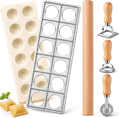 5 Pcs Ravioli Mold Set 2 Inch Square Ravioli Maker Cutter Kit with 12-Hole Raviolis Press 3 Pasta Cutter Stamps Wooden Rolling Pin Pasta Making Tool for Homemade Raviolis Home Restaurant Use