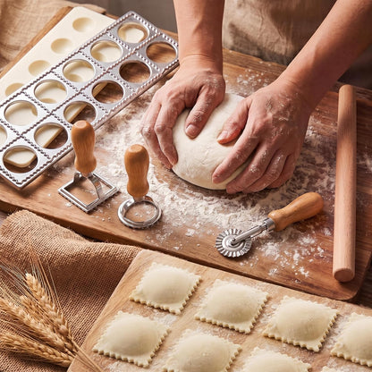 5 Pcs Ravioli Mold Set 2 Inch Square Ravioli Maker Cutter Kit with 12-Hole Raviolis Press 3 Pasta Cutter Stamps Wooden Rolling Pin Pasta Making Tool for Homemade Raviolis Home Restaurant Use