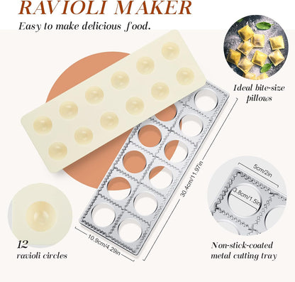 5 Pcs Ravioli Mold Set 2 Inch Square Ravioli Maker Cutter Kit with 12-Hole Raviolis Press 3 Pasta Cutter Stamps Wooden Rolling Pin Pasta Making Tool for Homemade Raviolis Home Restaurant Use