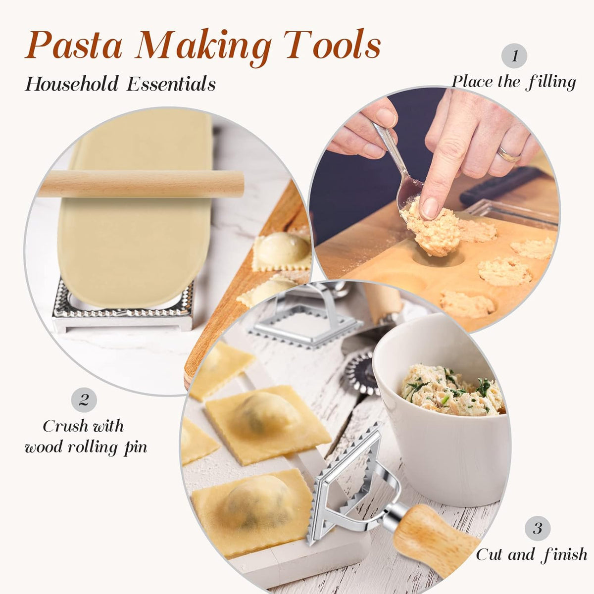 5 Pcs Ravioli Mold Set 2 Inch Square Ravioli Maker Cutter Kit with 12-Hole Raviolis Press 3 Pasta Cutter Stamps Wooden Rolling Pin Pasta Making Tool for Homemade Raviolis Home Restaurant Use
