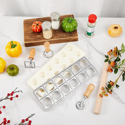 5 Pcs Ravioli Mold Set 2 Inch Square Ravioli Maker Cutter Kit with 12-Hole Raviolis Press 3 Pasta Cutter Stamps Wooden Rolling Pin Pasta Making Tool for Homemade Raviolis Home Restaurant Use
