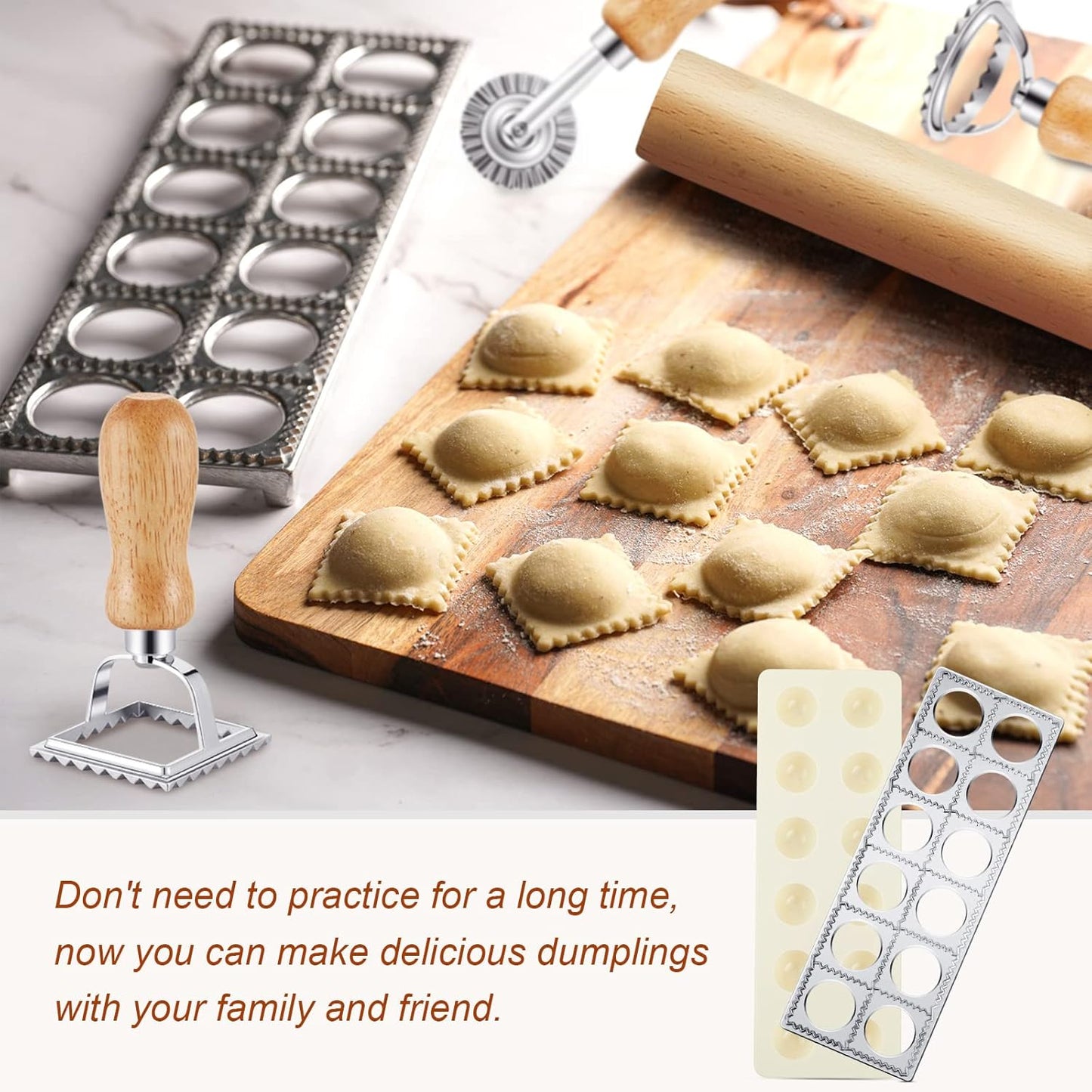 5 Pcs Ravioli Mold Set 2 Inch Square Ravioli Maker Cutter Kit with 12-Hole Raviolis Press 3 Pasta Cutter Stamps Wooden Rolling Pin Pasta Making Tool for Homemade Raviolis Home Restaurant Use