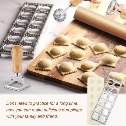 5 Pcs Ravioli Mold Set 2 Inch Square Ravioli Maker Cutter Kit with 12-Hole Raviolis Press 3 Pasta Cutter Stamps Wooden Rolling Pin Pasta Making Tool for Homemade Raviolis Home Restaurant Use