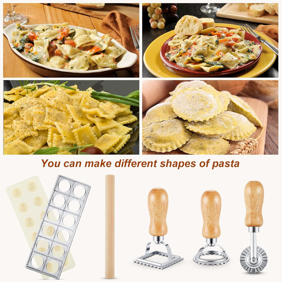 5 Pcs Ravioli Mold Set 2 Inch Square Ravioli Maker Cutter Kit with 12-Hole Raviolis Press 3 Pasta Cutter Stamps Wooden Rolling Pin Pasta Making Tool for Homemade Raviolis Home Restaurant Use