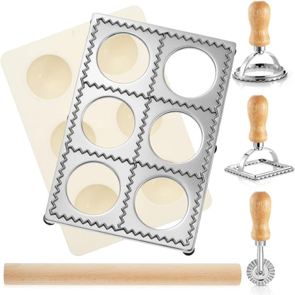 5 Pcs Ravioli Mold Set 2 Inch Square Ravioli Maker Cutter Kit with 12-Hole Raviolis Press 3 Pasta Cutter Stamps Wooden Rolling Pin Pasta Making Tool for Homemade Raviolis Home Restaurant Use