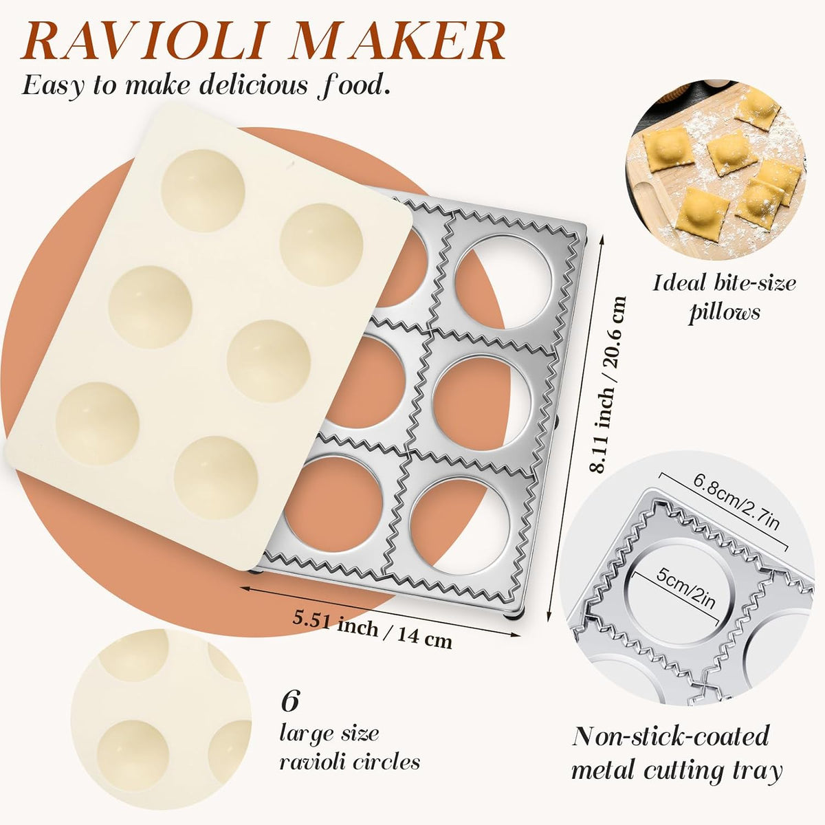 5 Pcs Ravioli Mold Set 2 Inch Square Ravioli Maker Cutter Kit with 12-Hole Raviolis Press 3 Pasta Cutter Stamps Wooden Rolling Pin Pasta Making Tool for Homemade Raviolis Home Restaurant Use