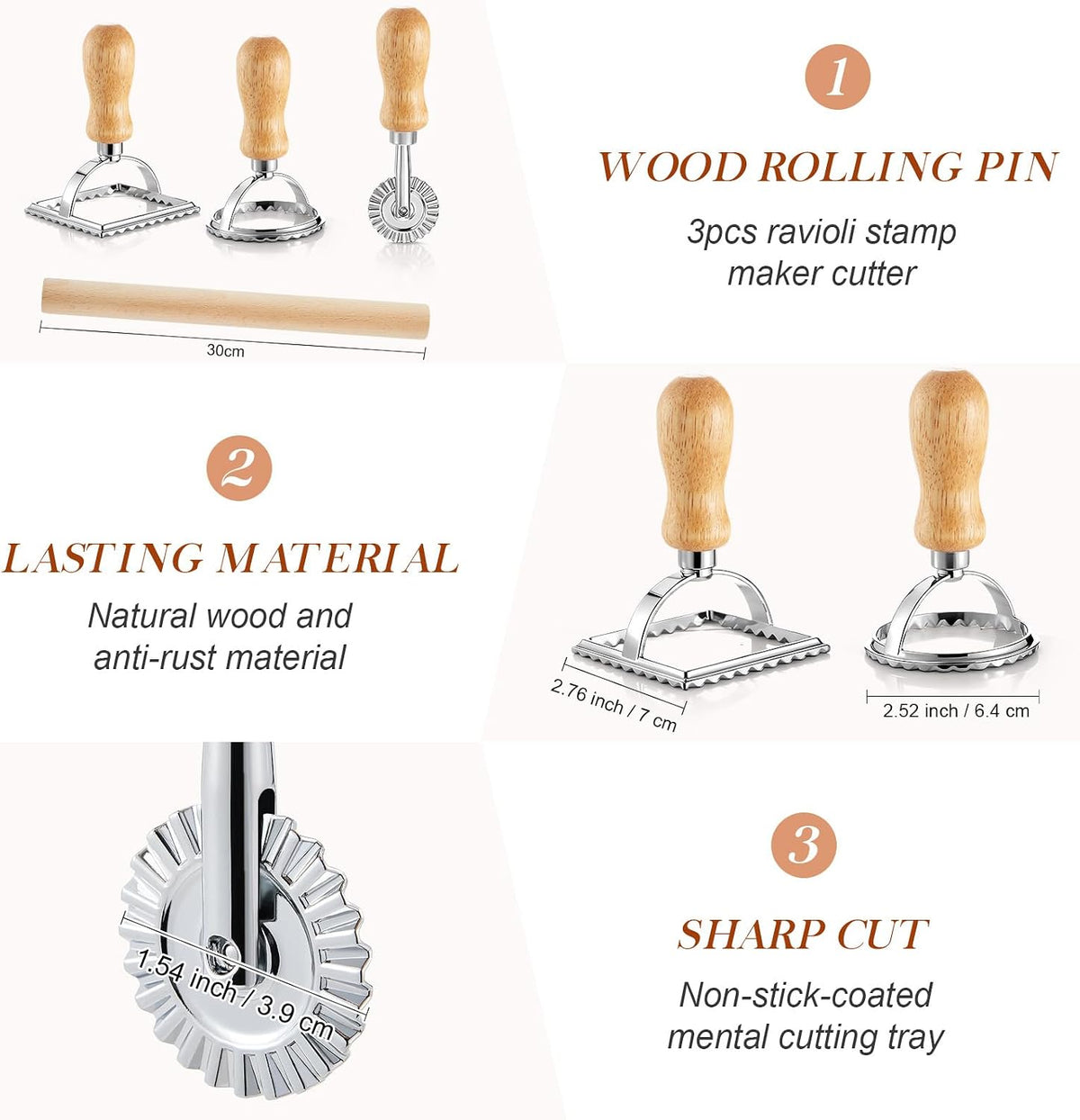 5 Pcs Ravioli Mold Set 2 Inch Square Ravioli Maker Cutter Kit with 12-Hole Raviolis Press 3 Pasta Cutter Stamps Wooden Rolling Pin Pasta Making Tool for Homemade Raviolis Home Restaurant Use