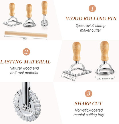 5 Pcs Ravioli Mold Set 2 Inch Square Ravioli Maker Cutter Kit with 12-Hole Raviolis Press 3 Pasta Cutter Stamps Wooden Rolling Pin Pasta Making Tool for Homemade Raviolis Home Restaurant Use