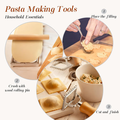 5 Pcs Ravioli Mold Set 2 Inch Square Ravioli Maker Cutter Kit with 12-Hole Raviolis Press 3 Pasta Cutter Stamps Wooden Rolling Pin Pasta Making Tool for Homemade Raviolis Home Restaurant Use