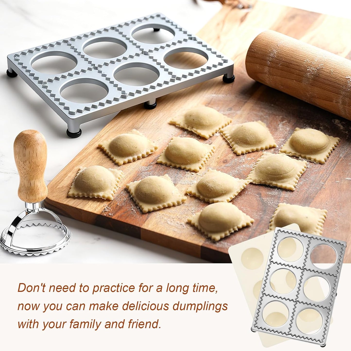 5 Pcs Ravioli Mold Set 2 Inch Square Ravioli Maker Cutter Kit with 12-Hole Raviolis Press 3 Pasta Cutter Stamps Wooden Rolling Pin Pasta Making Tool for Homemade Raviolis Home Restaurant Use