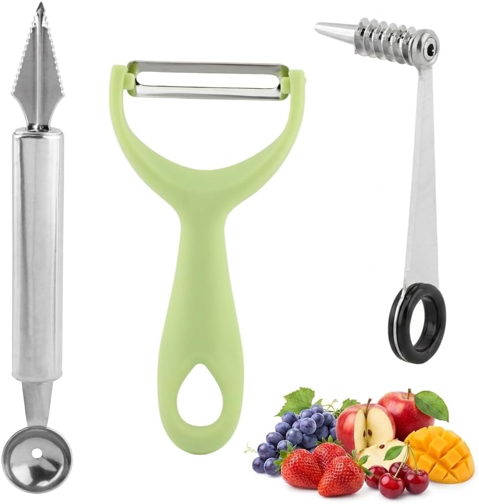 3 in 1 Spiral Vegetable Cutter Set, Stainless Steel Spiral Slicer for Potato, Boiled Egg, Tomato, V-Shaped Carving Tool & Fruit Peeler, Multi-Purpose Kitchen Accessories Tool for Cucumbers and Carrots