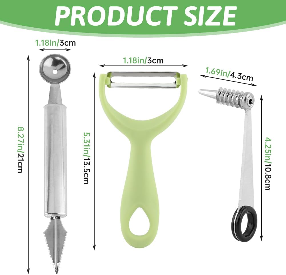 3 in 1 Spiral Vegetable Cutter Set, Stainless Steel Spiral Slicer for Potato, Boiled Egg, Tomato, V-Shaped Carving Tool & Fruit Peeler, Multi-Purpose Kitchen Accessories Tool for Cucumbers and Carrots