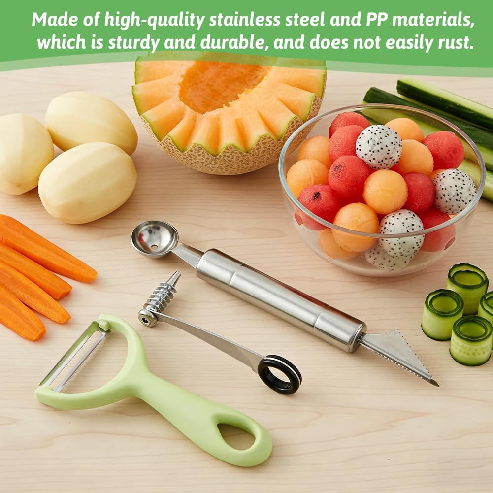 3 in 1 Spiral Vegetable Cutter Set, Stainless Steel Spiral Slicer for Potato, Boiled Egg, Tomato, V-Shaped Carving Tool & Fruit Peeler, Multi-Purpose Kitchen Accessories Tool for Cucumbers and Carrots