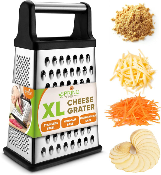 Stainless Steel XL Cheese Grater for Kitchen, Black | 4 Sided Manual Metal Box Grater for Carrot, Potato, Parmesan, Cheese Shredder, Professional Vegetable Grater, Dishwasher Safe