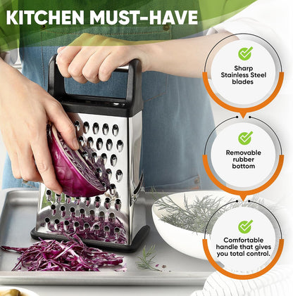 Stainless Steel XL Cheese Grater for Kitchen, Black | 4 Sided Manual Metal Box Grater for Carrot, Potato, Parmesan, Cheese Shredder, Professional Vegetable Grater, Dishwasher Safe