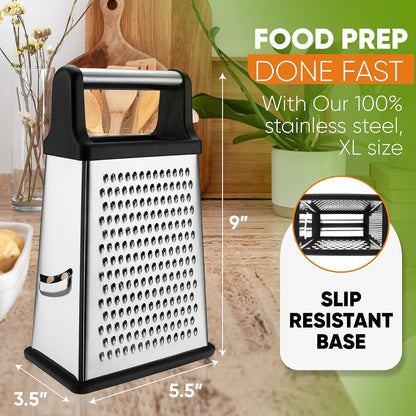 Stainless Steel XL Cheese Grater for Kitchen, Black | 4 Sided Manual Metal Box Grater for Carrot, Potato, Parmesan, Cheese Shredder, Professional Vegetable Grater, Dishwasher Safe