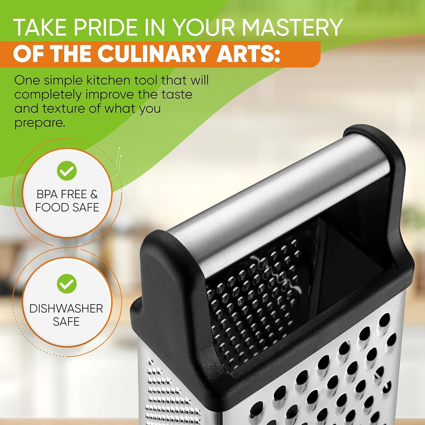 Stainless Steel XL Cheese Grater for Kitchen, Black | 4 Sided Manual Metal Box Grater for Carrot, Potato, Parmesan, Cheese Shredder, Professional Vegetable Grater, Dishwasher Safe